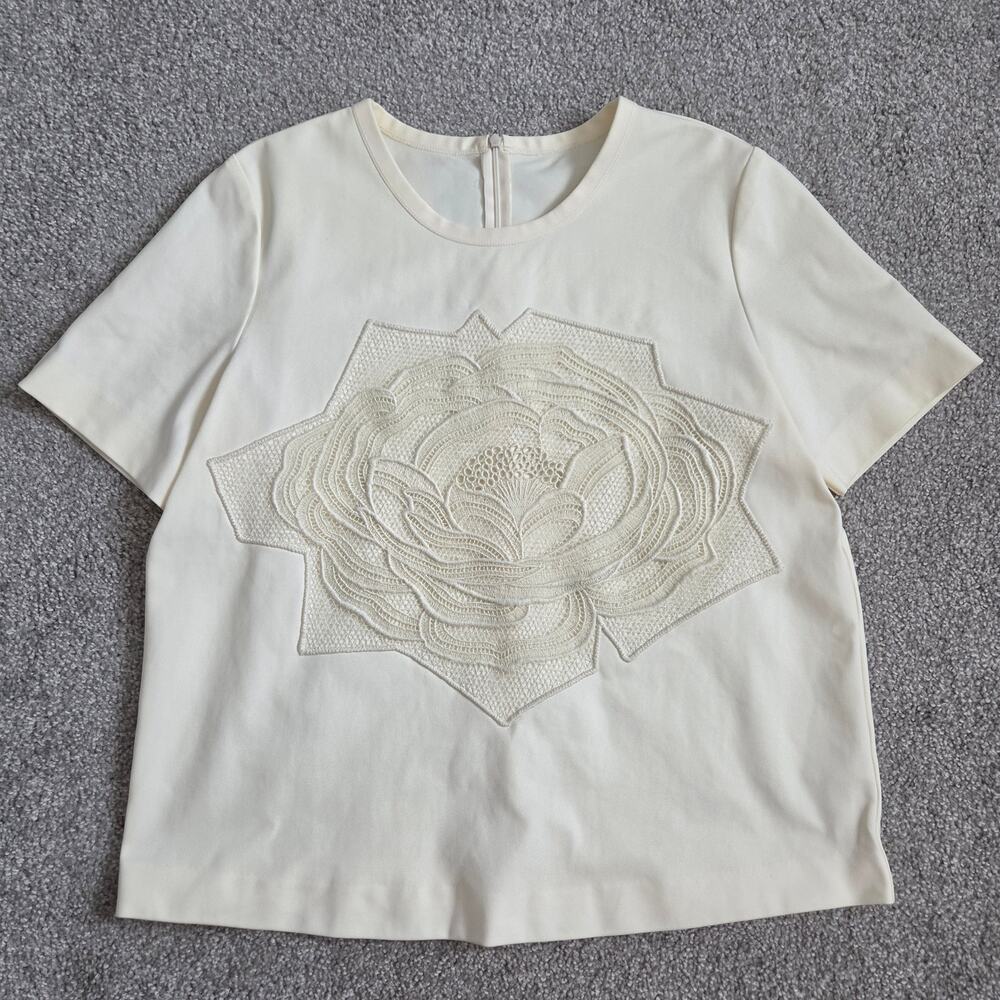 Elegant Cream Top with 3D Floral Lace Appliqué - Chic Scuba Knit Blouse